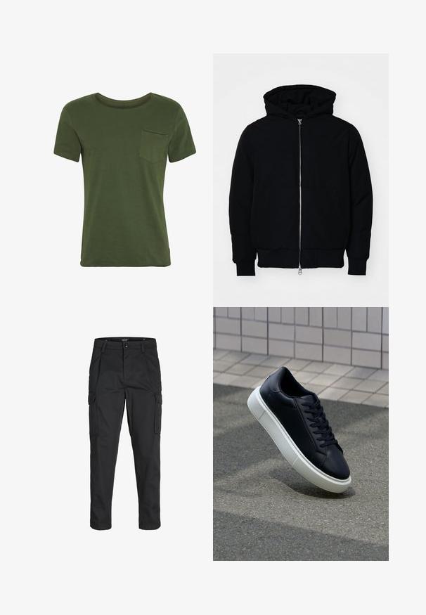 Black hooded jacket with front zipper, kangaroo pocket, ribbed cuffs, and hem, displayed on a plain white background.; Green cotton t-shirt with short sleeves, round neckline, and a chest pocket. Features minimal stitching and a smooth, soft texture.; Black cargo pants made of sturdy fabric, featuring multiple pockets, a button closure, and a slim fit design with tapered legs.; Black leather sneaker with rounded toe and white rubber sole. Features flat laces and minimal stitching on the upper. Textured sole for grip.