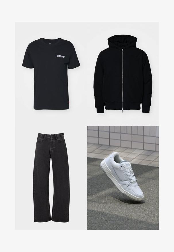 Mustaga kapuutsiga jakk, millel on esineed, kenguru tasku, soonikkoes, ja alläär, esitatud lihtsal valgel taustal.; Levi's® CLASSIC GRAPHIC - Trükipildiga T-särk - core caviar; Mustadest denimist valmistatud teksad, millel on lahti ja laia jala lõige. Omab kõrget vöökohta, viit taskut ning klassikalist nööbi ja lukuga sulgemist.; Valge nahkne toss, millel on perforeeritud külgedega, tekstuuriga aktsendid, lame pael ja kontrastne hall konts. Omab veidi tõstetud tallat.