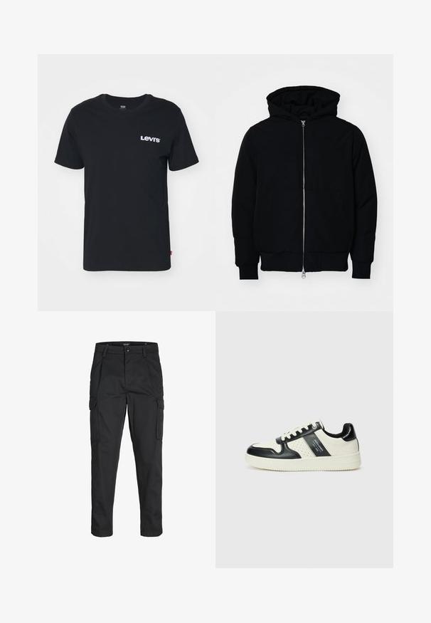 Jachetă neagră cu glugă, cu fermoar în față, buzunar tip kangaroo, mansete și tiv ribbed, prezentată pe un fundal alb simplu.; Levi's® CLASSIC GRAPHIC - Tricou cu imprimeu - core caviar; Pantaloni cargo negri dintr-un material rezistent, cu multiple buzunare, închidere cu nasture și un design slim fit cu picioare conice.; Tenisi din piele cu un scheme de culori negru și crem, dotati cu accente perforate, guler căptușit și o talpă texturată.