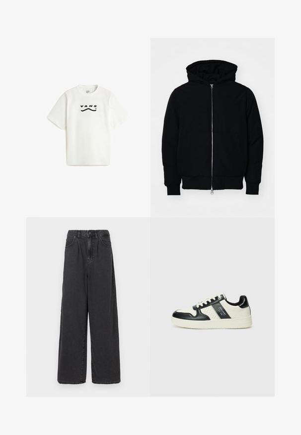 Zwarte hoodie met rits aan de voorkant, kangoeroe-pocket, geribbelde manchetten en zoom, weergegeven op een effen witte achtergrond.; Vans DETERMINED - T-shirt print - white; Brede pijpen, hooggewaste zwarte denim broek met een sluiting met een knoop en rits aan de voorkant, voorzien van zijzakken en een soepele textuur.; Leren sneakers met een zwart en crèmekleurig kleurenschema, voorzien van geperforeerde accenten, een gevoerde kraag en een gestructureerde buitenzool.