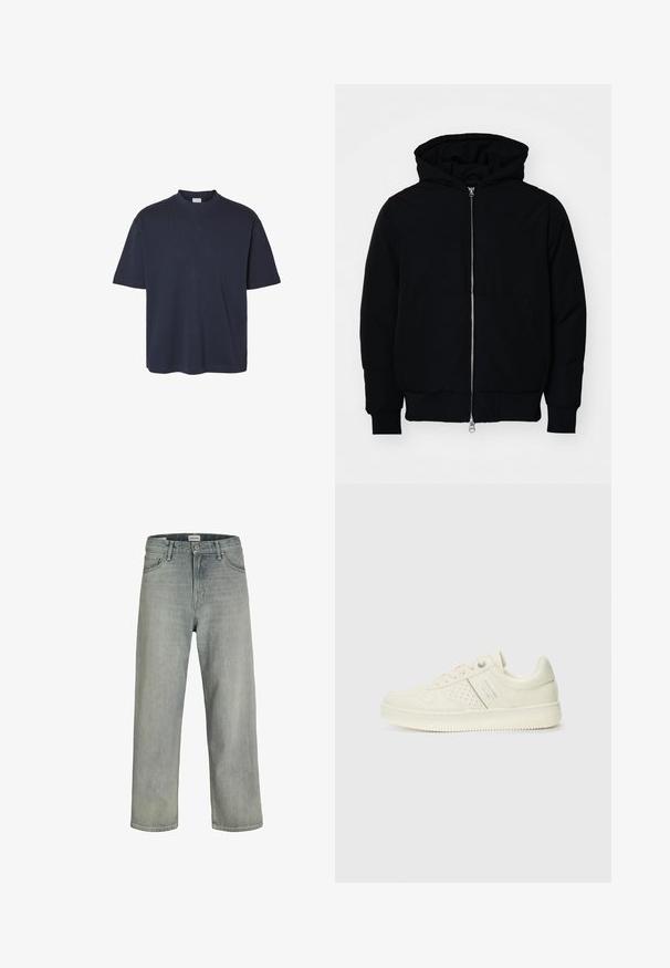 Fekete kapucnis dzseki elülső cipzárral, kenguruzsebbel, bordázott mandzsettákkal és aba, egy sima fehér háttér előtt.; Sötétkék, rövid ujjú póló, kerek nyakkivágással, laza fazonnal és sima pamut tapintással; nincsenek látható minták vagy díszítések.; Világosszürke, laza szabású farmernadrág. Klasszikus öt zsebes dizájn, övhurkok és egyenes szárú fazon jellemzi.; Krém színű sneaker perforált részletekkel, fűzőkkel és logóval az oldalán, egy sima fehér háttér előtt kiállítva.