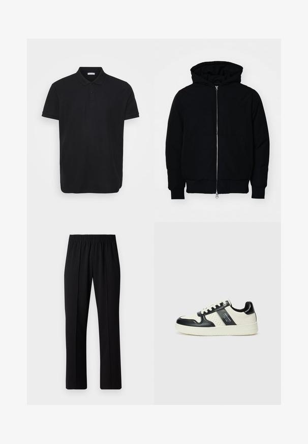 Mustaga kapuutsiga jakk, millel on esineed, kenguru tasku, soonikkoes, ja alläär, esitatud lihtsal valgel taustal.; Mustpe polo särk ribakujulise tekstuuriga, klassikalise kraega, kolme nööbiga nööpimisega ning peene logoga vasakul rinnal.; Mustad, elastse puusärgid sirge säärega, mis on sileda tekstuuriga ja ilma nähtavate mustrite või riistadega.; Nahatud nahkkingad musta ja kreemi värviskeemiga, millel on perforeeritud aktsendid, pehme krae ja tekstureeritud tallad.