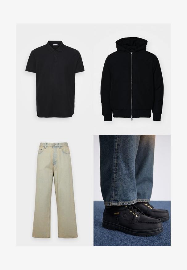 Mustaga kapuutsiga jakk, millel on esineed, kenguru tasku, soonikkoes, ja alläär, esitatud lihtsal valgel taustal.; Mustpe polo särk ribakujulise tekstuuriga, klassikalise kraega, kolme nööbiga nööpimisega ning peene logoga vasakul rinnal.; Heledad sinine laiad teksad, mis on valmistatud fliisist ja millel on pleekinud viimistlus. Omab viit taskut ja esist nuppude sulgemist.; Mustad nahast kingad kullavärvi silmadega ja tekstuuriga pinnaga, millele on sobitatud sinised teksad. Kingadel on kihiline tall ning brändingudetail.