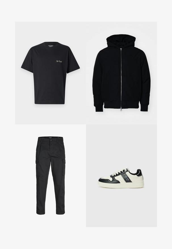 Svart hettejakke med frontglidelås, kengurulomme, ribbestrikket mansjetter og søm, vist på en ensfarget hvit bakgrunn.; Svart bomull T-skjorte med rund hals, korte ermer og en liten brodert logo i en kontrasterende farge på brystet.; Sorte cargo bukser laget av slitesterkt stoff, med flere lommer, knappelukking og en slim fit-design med avsmalnede ben.; Lædersneakers med sort og creme farveskema, der har perforerede detaljer, en polstret krave og en struktureret ydersål.