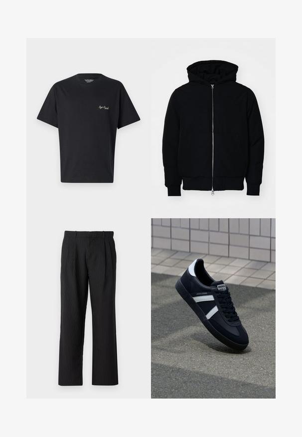Melna kapucēta jaka ar priekšējo rāvējslēdzēju, kenguru kabatu, ribinātām aprocēm un apakšmalu, parādīta uz vienkārša balta fona.; Melna kokvilnas T-kreklus ar apgraizītu kakla izgriezumu, īsām piedurknēm un mazu izšūtu logotipu kontrastējošā krāsā uz krūtīm.; Jack & Jones JPSTBILL JJDAYTONA WIDE - Auduma bikses - black; Melnā ādas sporta apavi ar baltām svītrām, teksturēta gumijas zole un auklu aizdare. Iekļauj zīmola etiķeti uz mēles.