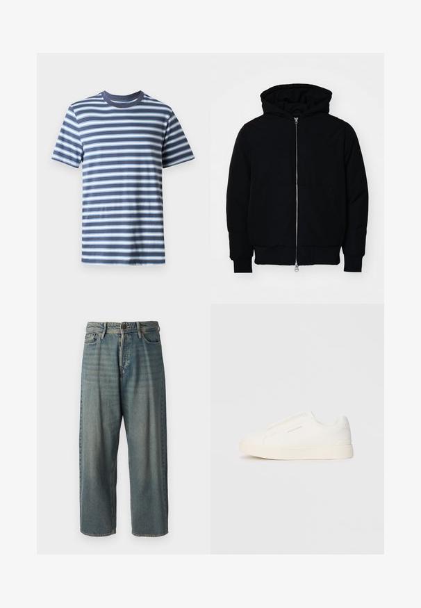Black hooded jacket with front zipper, kangaroo pocket, ribbed cuffs, and hem, displayed on a plain white background.; Striped t-shirt in navy blue with light blue and white horizontal stripes. Classic crew neck design, made from soft cotton fabric.; Light blue denim jeans with a loose fit, mid-rise waist, and straight legs. Features five pockets, belt loops, and a button closure.; White slip-on sneakers with a textured surface, a thick sole, and minimalistic design. Features brand logo on the side.
