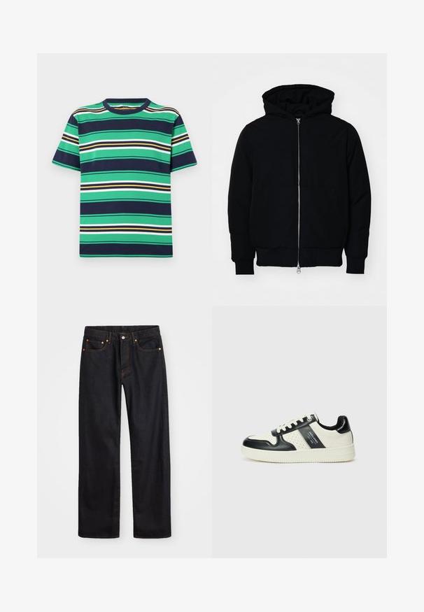 Černá kapucňová bunda s předním zipem, klokaní kapsou, vroubkovanými manžetami a spodním lemem, vystavená na čistém bílém pozadí.; Tričko s krátkým rukávem se širokými vodorovnými pruhy v zelené, námořnické modré, bílé, žluté a černé barvě. Kulatý výstřih, standardní střih a bavlněný materiál.; Pánské černé džíny rovného střihu s pěti kapsami a oranžovým prošíváním, s knoflíkem a zipem na předním pásku.; Kožené tenisky s černobílou barevnou kombinací, které mají perforované detaily, polstrovaný límec a texturovanou podrážku.
