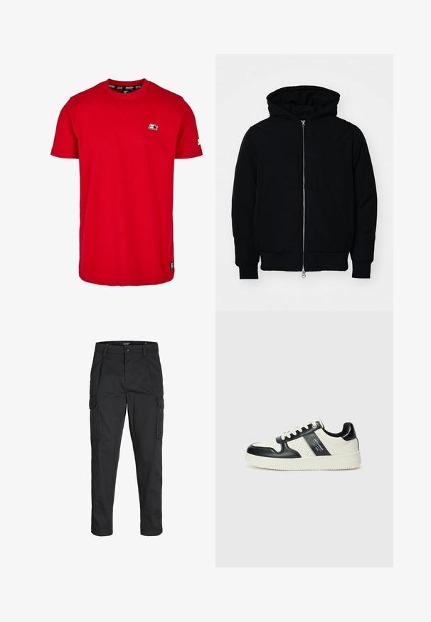 Black hooded jacket with front zipper, kangaroo pocket, ribbed cuffs, and hem, displayed on a plain white background.; Red cotton t-shirt featuring a crew neck, short sleeves, and a small black logo on the left chest and sleeve. Smooth, solid color fabric.; Black cargo pants made of sturdy fabric, featuring multiple pockets, a button closure, and a slim fit design with tapered legs.; Leather sneakers with a black and cream color scheme, featuring perforated accents, a padded collar, and a textured outsole.