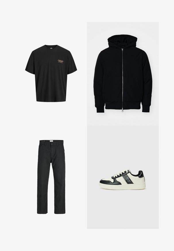 Chaqueta negra con capucha, cierre frontal, bolsillo tipo canguro, y puños y dobladillo acanalados, exhibida sobre un fondo blanco liso.; Camiseta de algodón negra con un corte relajado. Tiene un pequeño logo en tono dorado impreso en el lado izquierdo del pecho. Manga corta y escote redondo.; Pantalones negros de tela duradera, con un diseño de pierna recta, detalles cosidos y dos bolsillos frontales para mayor funcionalidad.; Zapatillas de cuero con un esquema de colores negro y crema, que cuentan con acentos perforados, un collar acolchado y una suela texturizada.