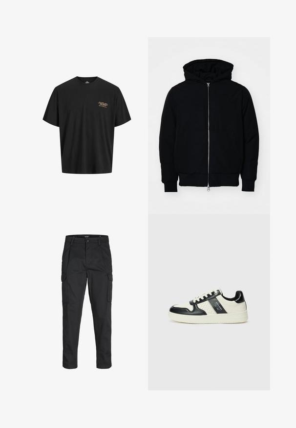 Czarna kurtka z kapturem, z suwakiem z przodu, kieszenią kangurką, ściągaczami przy mankietach i dolnym brzegu, prezentowana na jednolitym białym tle.; Czarny bawełniany t-shirt o luźnym kroju. Posiada małe, złote logo nadrukowane na lewej piersi. Krótkie rękawy i okrągły dekolt.; Czarne spodnie cargo wykonane z wytrzymałego materiału, z wieloma kieszeniami, zapięciem na guzik oraz zwężanym krojem nogawek.; Skórzane sneakersy w czarno-kremowym schemacie kolorystycznym, z perforowanymi akcentami, wyściełanym kołnierzem i teksturowaną podeszwą.