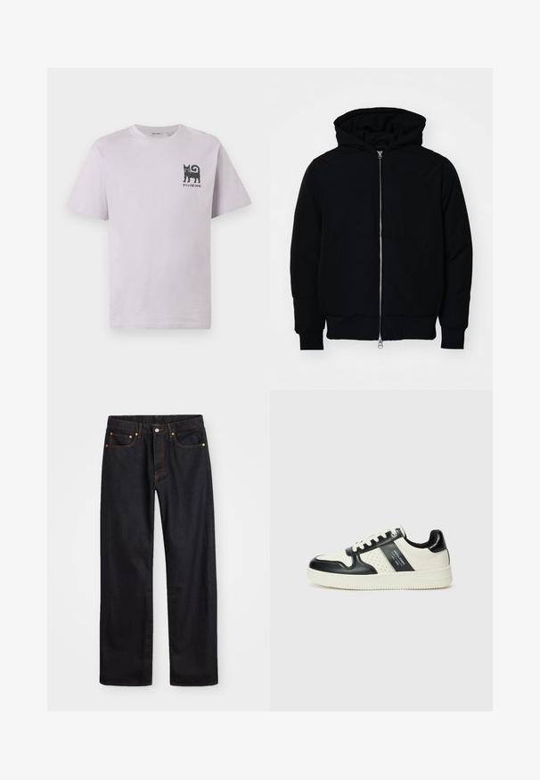 Mustat huppu-untuvatakki, jossa on vetoketju edessä, kenguru-tasku, ribatut hihansuut ja helma, esillä yksinkertaisella valkoisella taustalla.; Lyhythihainen, vaalea violetti puuvillapaita, jossa mustan kissan grafiikka ja teksti vasemmassa rinnassa. Pyöreä kaula-aukko ja rento istuvuus.; Miestne čierne rovné džínsy so štyrmi vreckami a oranžovým šitím, zapínanie na gombík a zips na prednom pásku.; Nahkakengät musta-kerma värimaailmassa, joissa on rei'itetyt yksityiskohdat, pehmustettu nilkkaosa ja teksturoitu pohja.