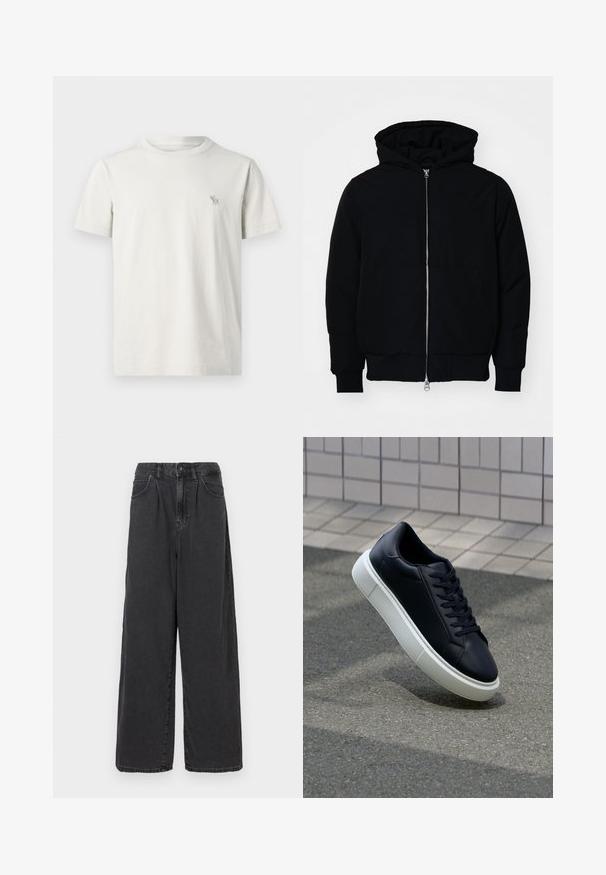 Sort hættejakke med frontlynlås, kængurulomme, ribbede manchetter og kant, præsenteret på en ensfarvet hvid baggrund.; Kortærmet T-shirt i lys beige bomuld, med et lille broderet hjortelogo på venstre bryst. Rund hals med standard pasform.; Bredde ben, høj talje sorte denimbukser med frontknap og lynlås, der har sidelommer og en glat overflade.; Sort lædersneaker med rund tå og hvid gummisål. Har flade snørebånd og minimal syning på overdelen. Tekstureret sål for bedre greb.