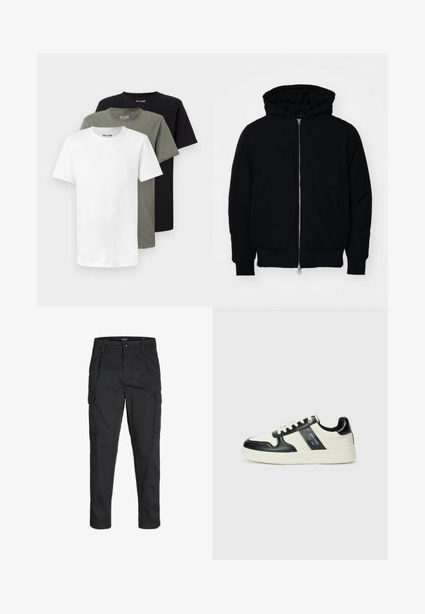Black hooded jacket with front zipper, kangaroo pocket, ribbed cuffs, and hem, displayed on a plain white background.; Three crew-neck t-shirts in white, olive green, and black. Made of soft cotton, featuring short sleeves and a relaxed fit.; Black cargo pants made of sturdy fabric, featuring multiple pockets, a button closure, and a slim fit design with tapered legs.; Leather sneakers with a black and cream color scheme, featuring perforated accents, a padded collar, and a textured outsole.
