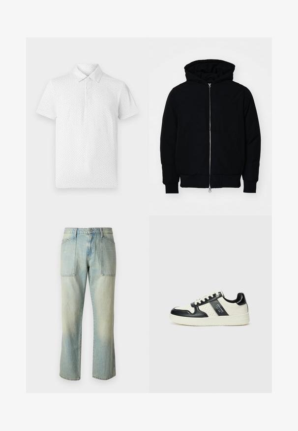 Black hooded jacket with front zipper, kangaroo pocket, ribbed cuffs, and hem, displayed on a plain white background.; White short-sleeve polo shirt featuring a small geometric pattern, three buttons on the collar, and a classic fit. Made from breathable fabric.; Light blue denim jeans with a straight leg cut, visible stitching, and two large front pockets. The fabric has a faded texture.; Leather sneakers with a black and cream color scheme, featuring perforated accents, a padded collar, and a textured outsole.