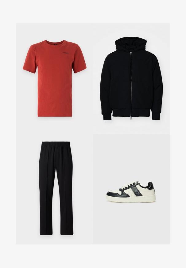 Mustaga kapuutsiga jakk, millel on esineed, kenguru tasku, soonikkoes, ja alläär, esitatud lihtsal valgel taustal.; G-STAR BASE - Lihtne T-särk - rusty red; Mustad, elastse puusärgid sirge säärega, mis on sileda tekstuuriga ja ilma nähtavate mustrite või riistadega.; Nahatud nahkkingad musta ja kreemi värviskeemiga, millel on perforeeritud aktsendid, pehme krae ja tekstureeritud tallad.