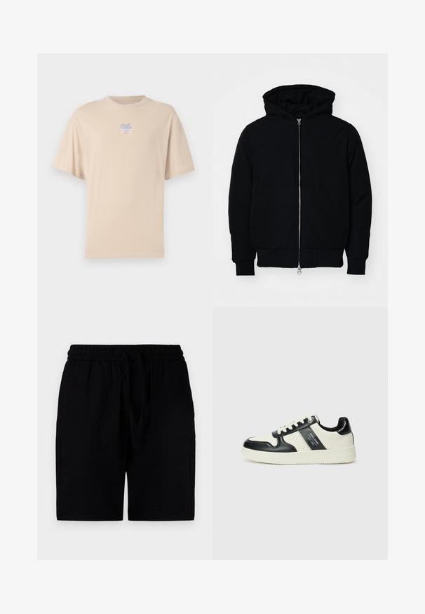 Black hooded jacket with front zipper, kangaroo pocket, ribbed cuffs, and hem, displayed on a plain white background.; Beige cotton t-shirt with short sleeves, round neck, and a small multicolored logo on the chest. Smooth texture and relaxed fit.; Black shorts made of a lightweight material, featuring an elastic waistband with a drawstring, side pockets, and a relaxed cut.; Leather sneakers with a black and cream color scheme, featuring perforated accents, a padded collar, and a textured outsole.
