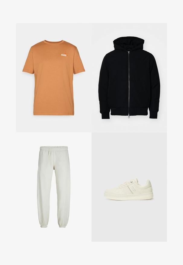 Crna kapuška jakna s prednjim zatvaračem, kenguru džepom, rebrastim manžetama i rubom, prikazana na običnoj bijeloj pozadini.; Majica kratkih rukava, okruglog izreza, u toplom smeškastom tonu, napravljena od mekane pamučne tkanine; ima mali narandžasti Puma logo na gornjoj levoj strani.; Bijele trenirke napravljene od mekanog materijala, s elastikom u struku i na manžetama, glatke teksture i labavog kroja.; Kremasto bijele tenisice s perforiranim detaljima, vezicama i logotipom s bočne strane, prikazane na jednostavnoj bijeloj pozadini.