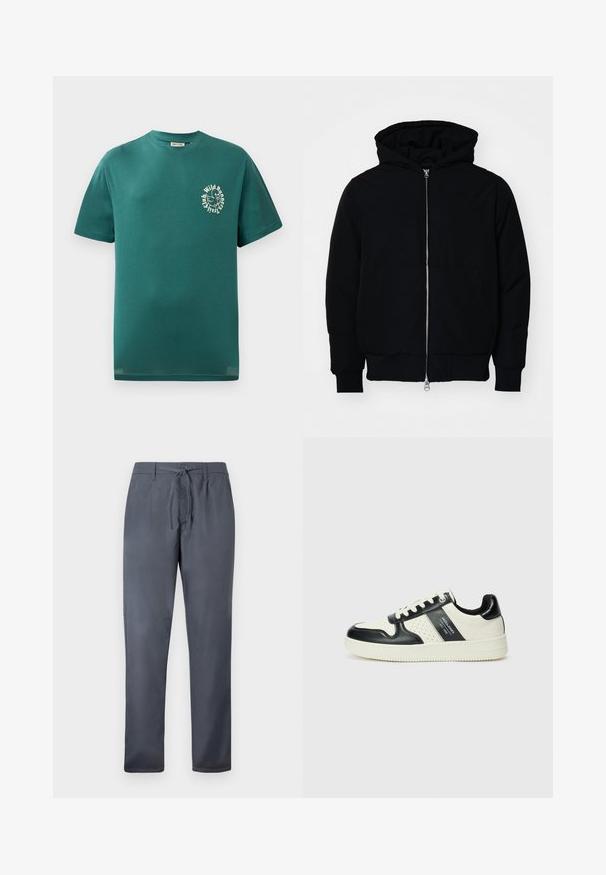 Black hooded jacket with front zipper, kangaroo pocket, ribbed cuffs, and hem, displayed on a plain white background.; Teal short-sleeve crew neck t-shirt with small white graphic of a bird and circular text "Wild Runners Trail Club" on the chest.; Gray trousers made from smooth fabric, featuring a drawstring closure and side pockets. Straight-leg design with a clean finish.; Leather sneakers with a black and cream color scheme, featuring perforated accents, a padded collar, and a textured outsole.