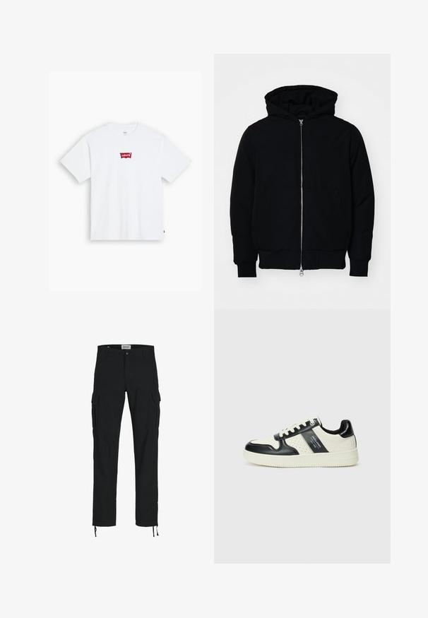 Mustat huppu-untuvatakki, jossa on vetoketju edessä, kenguru-tasku, ribatut hihansuut ja helma, esillä yksinkertaisella valkoisella taustalla.; Valkoinen puuvillapaita, jossa on punainen Levi's-logo-merkki keskellä rintaa. Lyhyet hihat ja klassinen pyöreä kaula-aukko.; Mustat cargo-housut suoran leikkauksen, joissa on sivutaskut, napillinen suljenta ja joustavat nyörit nilkoissa. Valmistettu kestävästä kankaasta.; Nahkakengät musta-kerma värimaailmassa, joissa on rei'itetyt yksityiskohdat, pehmustettu nilkkaosa ja teksturoitu pohja.