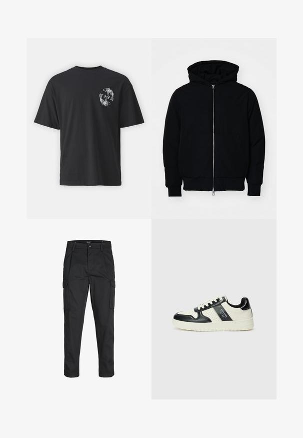 Mustaga kapuutsiga jakk, millel on esineed, kenguru tasku, soonikkoes, ja alläär, esitatud lihtsal valgel taustal.; Must värvi puuvillane T-särk, millel eesolev kujundus kahe koi kalaga valge värviga, ringikujulised aktsendid ja jaapani kirjad nende kohal. Lühikesed varrukad, jaoline lõige.; Mustad mustapõlvik, mis on valmistatud tugeva koe kasutades, sisaldab mitmeid taskuid, nupule kinnitatav sulgemine ja kitsenev disain.; Nahatud nahkkingad musta ja kreemi värviskeemiga, millel on perforeeritud aktsendid, pehme krae ja tekstureeritud tallad.