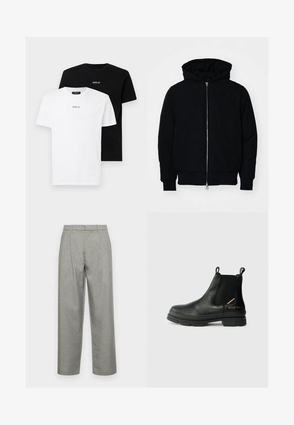 Black hooded jacket with front zipper, kangaroo pocket, ribbed cuffs, and hem, displayed on a plain white background.; Two cotton t-shirts, one white and one black, each with short sleeves and a round neckline. Both feature "REPLAY" logo in the center.; Gray tailored trousers made of textured fabric, featuring a straight-leg design, front pleats, and a standard waistband with belt loops.; Black leather Chelsea boots with side elastic panels, thick rubber sole, pull tabs, and metallic branding on the heel.