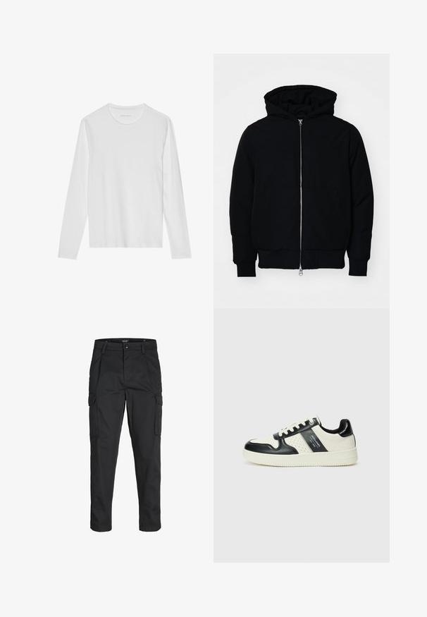 Jachetă neagră cu glugă, cu fermoar în față, buzunar tip kangaroo, mansete și tiv ribbed, prezentată pe un fundal alb simplu.; Tricou alb cu mânecă lungă, realizat din bumbac moale, cu decolteu rotund și textură netedă, fără modele sau accente vizibile.; Pantaloni cargo negri dintr-un material rezistent, cu multiple buzunare, închidere cu nasture și un design slim fit cu picioare conice.; Tenisi din piele cu un scheme de culori negru și crem, dotati cu accente perforate, guler căptușit și o talpă texturată.