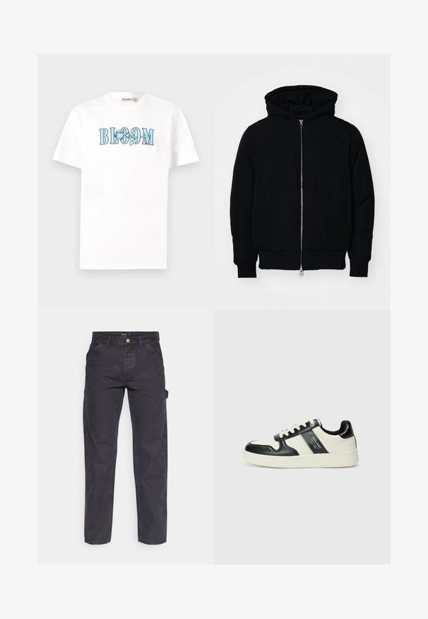 Schwarze Kapuzenjacke mit Frontreißverschluss, Kängurutasche, gerippten Bündchen und Saum, auf einem schlichten weißen Hintergrund präsentiert.; Weißes Baumwoll-T-Shirt mit kurzen Ärmeln und Rundhalsausschnitt, mit "BLOOM" in blauer Schrift und floralen Grafiken.; Dunkelgraue Cargo-Hosen aus strapazierfähigem Stoff, mit geradem Bein, fünf Taschen und einem Knopfverschluss an der Taille.; Leder-Sneaker in Schwarz- und Cremetönen, mit perforierten Akzenten, einem gepolsterten Kragen und einer strukturierten Laufsohle.