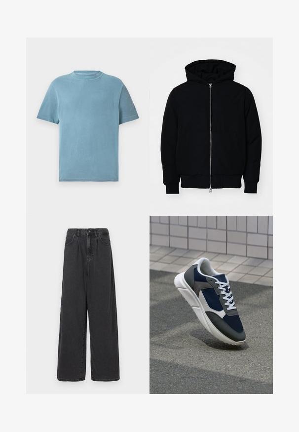 Crna kapuška jakna s prednjim zatvaračem, kenguru džepom, rebrastim manžetama i rubom, prikazana na običnoj bijeloj pozadini.; Majica s kratkim rukavima, okrugli izrez, u svijetloplavoj boji od pamuka. Tkanina izgleda mekano, s glatkom teksturom i minimalnim detaljima šivanja.; Crne traperice širokih nogavica visoko strukirane s prednjim gumbom i zatvaračem, koje imaju bočne džepove i glatku teksturu.; Tenisice s gornjim dijelom od mrežastog materijala tamnoplave boje, siva antilopova naglašavanja, bijela gumena potplat i ravne bijele vezice, dizajnirane za udobnost i prozračnost.