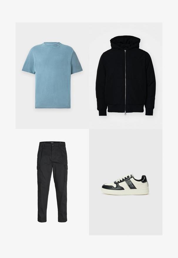 Crna kapuška jakna s prednjim zatvaračem, kenguru džepom, rebrastim manžetama i rubom, prikazana na običnoj bijeloj pozadini.; Majica s kratkim rukavima, okrugli izrez, u svijetloplavoj boji od pamuka. Tkanina izgleda mekano, s glatkom teksturom i minimalnim detaljima šivanja.; Crne cargo hlače izrađene od čvrstog materijala, s brojnim džepovima, kopčanjem na gumb i dizajnom koji pomaže da se prilagode tijelu sa suženim nogavicama.; Kožne tenisice s crno-bijelom paletom boja, koje imaju perforirane akcentne detalje, podstavljeni ovratnik i teksturiranu potplat.