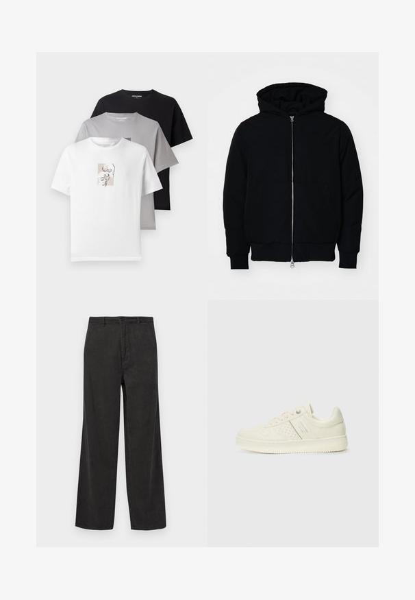 Mustaga kapuutsiga jakk, millel on esineed, kenguru tasku, soonikkoes, ja alläär, esitatud lihtsal valgel taustal.; Kolm t-särki valges, hallis ja mustas värvitoonis. Lühikesed varrukad, ümarad kaelused. Valgel särgil on pehme graafiline kujundus koljulistest motiividest. Puuvillane materjal.; Mustard pruunid puuvillased püksid laia sääre kujundusega, millel on vertikaalne ribatekstuur, lukuga ees, nupp kinnitamiseks ja ees taskud.; Koor valged tossud perforatsiooni detailide, nööpide ja külje logo ka, esitatud ühtlase valge tausta ees.