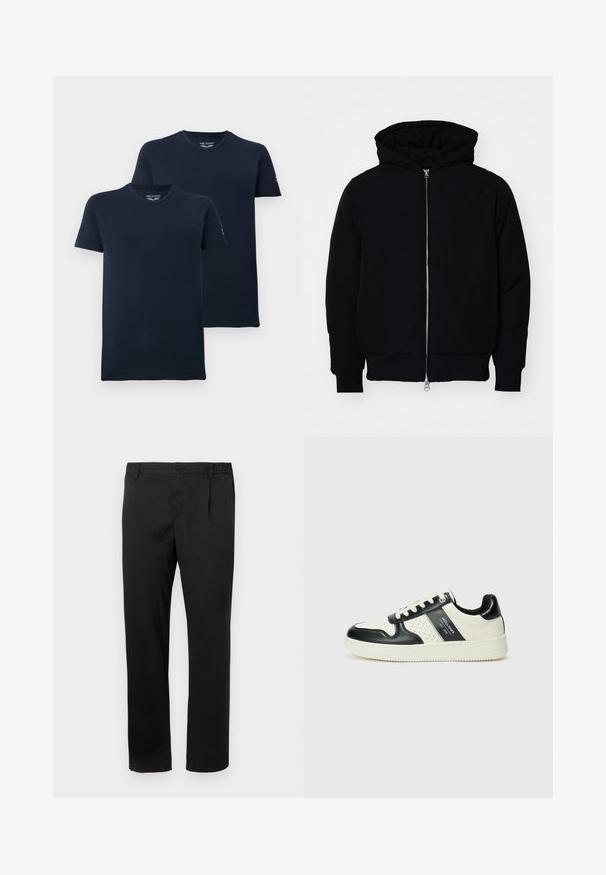 Chaqueta negra con capucha, cierre frontal, bolsillo tipo canguro, y puños y dobladillo acanalados, exhibida sobre un fondo blanco liso.; Camisetas de algodón azul marino, de manga corta, cuello redondo, diseño sin etiqueta, en paquete de dos, textura suave, con un branding mínimo en las mangas.; Pantalones rectos negros con cierre de botón y cremallera, bolsillos laterales y cintura parcialmente elástica sobre un fondo blanco.; Zapatillas de cuero con un esquema de colores negro y crema, que cuentan con acentos perforados, un collar acolchado y una suela texturizada.