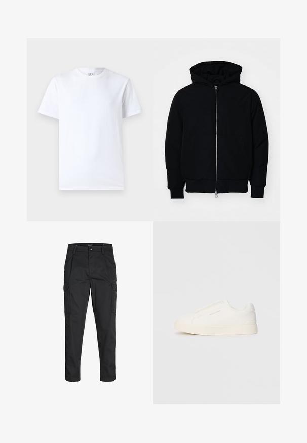 Črna kapuca jakna s sprednjim zadrgo, kenguru žepom, rebrastimi manšetami in hemom, razstavljena na enostavni beli ozadju.; Bela bombažna majica s krojem za vrat in kratkimi rokavi. Preprosta zasnova brez vzorcev ali grafik, z blagovno znamko GAP na ovratniku.; Črne cargo hlače iz trdnega blaga, ki imajo več žepov, gumbasto zapiranje in ozek kroj z zožanimi nogami.; Bele zapete brez vezalk z teksturirano površino, debelim podplatom in minimalističnim dizajnom. Na strani se nahaja logotip blagovne znamke.