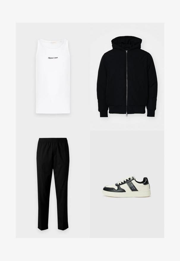 Jachetă neagră cu glugă, cu fermoar în față, buzunar tip kangaroo, mansete și tiv ribbed, prezentată pe un fundal alb simplu.; Top alb din bumbac, cu decolteu rotund și o formă ajustată. Are un logo cursiv negru pe față.; Pantaloni negri cu talie elastică, având un design cu picior drept. Țesătura pare netedă, cu o textură mată, fără modele vizibile.; Tenisi din piele cu un scheme de culori negru și crem, dotati cu accente perforate, guler căptușit și o talpă texturată.