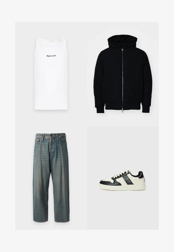 Black hooded jacket with front zipper, kangaroo pocket, ribbed cuffs, and hem, displayed on a plain white background.; White tank top made of cotton, featuring a round neckline and a fitted shape. It has a black cursive logo on the front.; Light blue denim jeans with a loose fit, mid-rise waist, and straight legs. Features five pockets, belt loops, and a button closure.; Leather sneakers with a black and cream color scheme, featuring perforated accents, a padded collar, and a textured outsole.