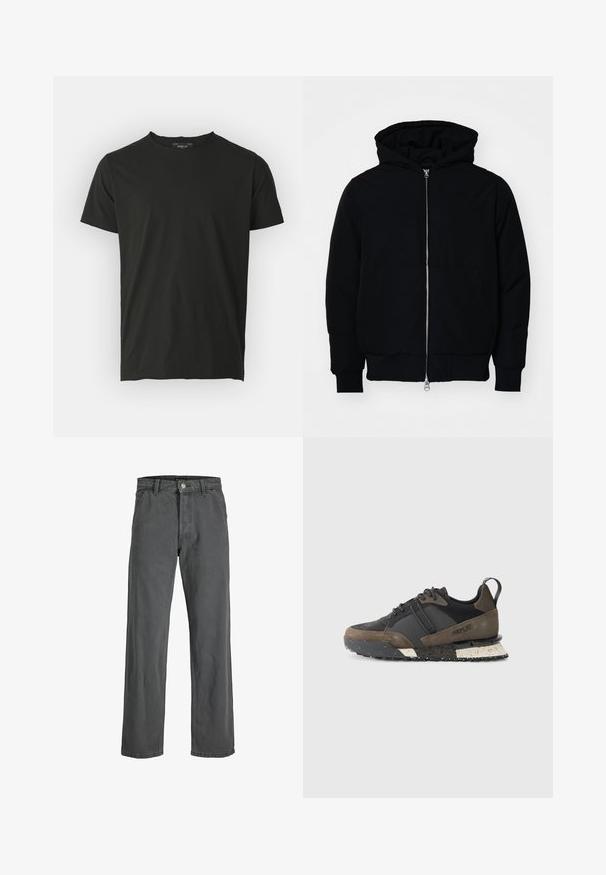 Black hooded jacket with front zipper, kangaroo pocket, ribbed cuffs, and hem, displayed on a plain white background.; Black cotton t-shirt with short sleeves and a round neckline. Smooth texture, minimal design, and a label at the back of the neckline.; Dark gray wide-leg jeans made from denim. Features a front button and zipper closure, belt loops, and a classic five-pocket design.; Replay FIELD JUPITER CRAFT - Trainers - black/dark grey
