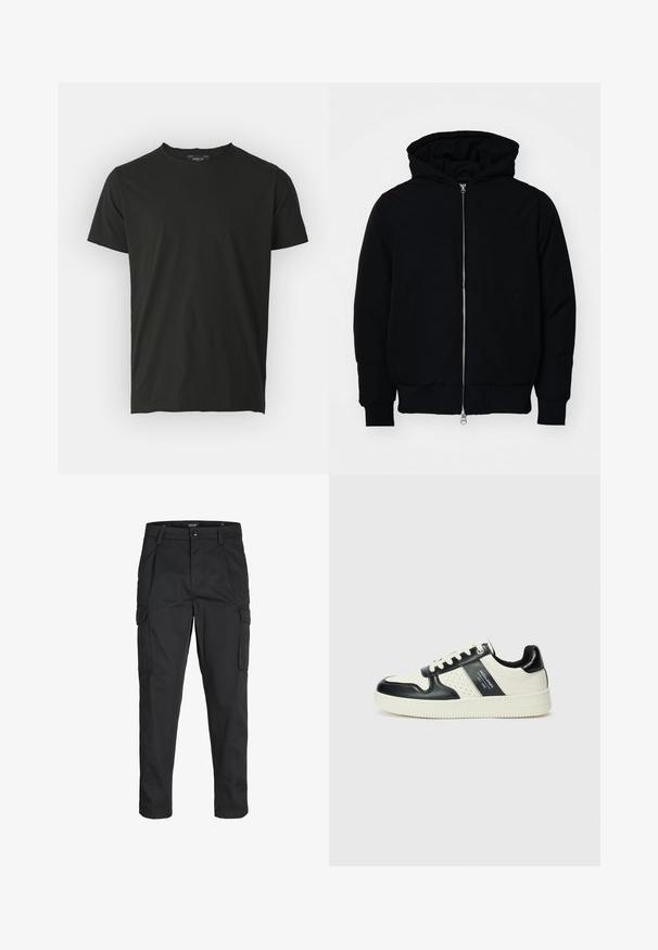 Svart hettejakke med frontglidelås, kengurulomme, ribbestrikket mansjetter og søm, vist på en ensfarget hvit bakgrunn.; Svart bomulls t-skjorte med korte ermer og rund hals. Glatt tekstur, minimalistisk design, og et merke på baksiden av halsen.; Sorte cargo bukser laget av slitesterkt stoff, med flere lommer, knappelukking og en slim fit-design med avsmalnede ben.; Lædersneakers med sort og creme farveskema, der har perforerede detaljer, en polstret krave og en struktureret ydersål.