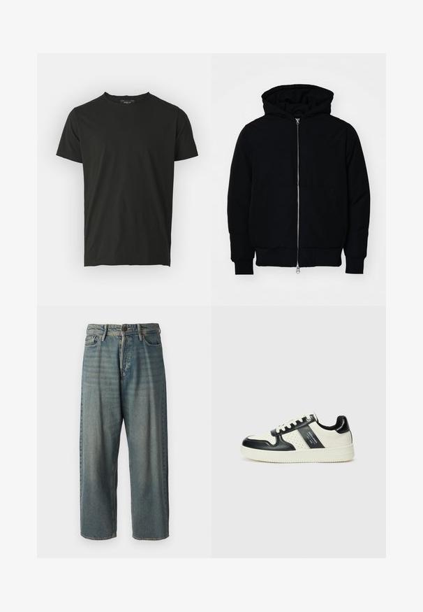 Črna kapuca jakna s sprednjim zadrgo, kenguru žepom, rebrastimi manšetami in hemom, razstavljena na enostavni beli ozadju.; Črna bombažna majica s kratkimi rokavi in okroglo ovratnikom. Gladka tekstura, minimalističen dizajn in oznaka na zadnji strani ovratnika.; Svetlomoderne kavbojke z ohlapnim krojem, srednjim pasom in ravnimi nogami. Imajo pet žepov, zanke za pas in zapiranje na gumb.; Usnjeni športni čevlji z črno in krem barvno shemo, ki vključujejo perforirane dodatke, podložen ovratnik in strukturirano podplat.