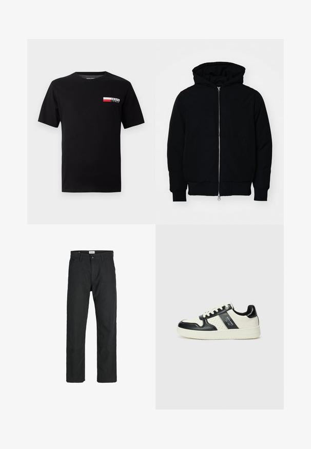 Melna kapucēta jaka ar priekšējo rāvējslēdzēju, kenguru kabatu, ribinātām aprocēm un apakšmalu, parādīta uz vienkārša balta fona.; Melna kokvilnas T-kreklu ar mazu logotipa dizainu un taisnstūra krāsu bloku sarkanā un baltā krāsā kreisajā krūšu daļā.; Melnas bikses no izturīga auduma, ar taisna griezuma dizainu, izšūtām akcentiem un divām priekšējām kabatām funkcionālitātei.; Ādas sporta apavi ar melnbaltu krāsu shēmu, ar perforētiem akcentiem, mīkstinātu apkakli un teksturētu zoli.