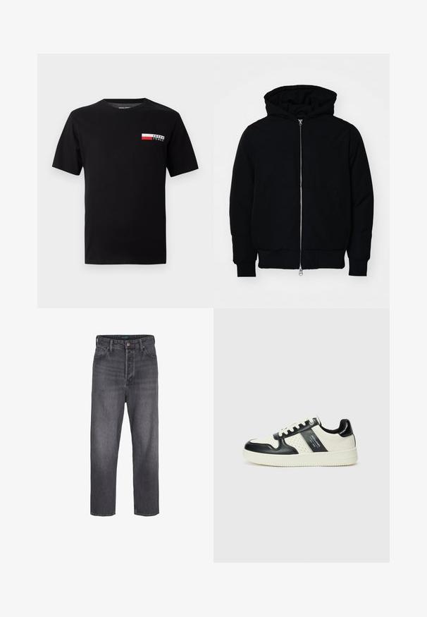 Black hooded jacket with front zipper, kangaroo pocket, ribbed cuffs, and hem, displayed on a plain white background.; Black cotton t-shirt featuring a small logo design and a rectangular color block in red and white on the left chest area.; Dark gray denim jeans with a straight leg design, high waist, five-pocket styling, and light fading. Metal button and zip fly closure.; Leather sneakers with a black and cream color scheme, featuring perforated accents, a padded collar, and a textured outsole.