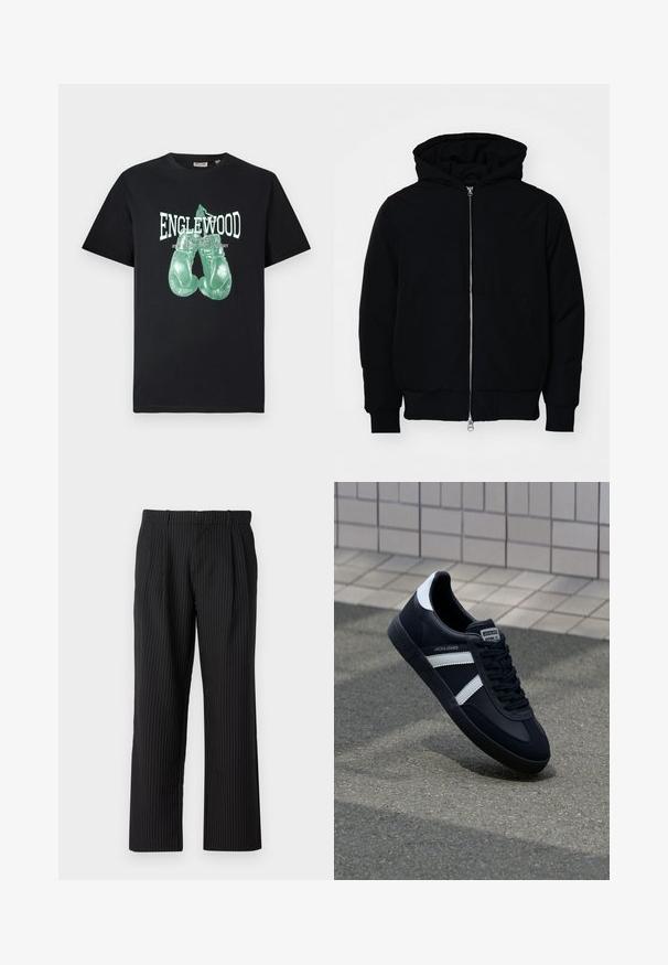 Črna kapuca jakna s sprednjim zadrgo, kenguru žepom, rebrastimi manšetami in hemom, razstavljena na enostavni beli ozadju.; Črna majica s kratkimi rokavi in okroglim izrezom, ki prikazuje grafiko zelenih boksarskih rokavic ter napis "ENGLEWOOD Boxing Gym New Jersey Fight Academy" spredaj.; Jack & Jones JPSTBILL JJDAYTONA WIDE - Hlače - black; Črne usnjene superge z belimi črtami, teksturiran gumijast podplat in zavezovanje spredaj. Imajo označeno oznako na ježku.