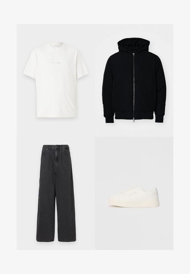 Mustaga kapuutsiga jakk, millel on esineed, kenguru tasku, soonikkoes, ja alläär, esitatud lihtsal valgel taustal.; Valge puuvillane T-särk ümmarguse kaelusega, lühikeste varrukate ja väikese prinditud logoga ees. Sile tekstuur ja mugav lõige.; Laiad, kõrgema vöökohaga mustad denimipüksid, millel on ees nupuga ja tõmblukuga sulgemine, külgpocketid ja sile tekstuur.; Valged libisemiskindlad tossud tekstuuriga pinnaga, paksu tallaga ja minimalistikus disainis. Küljel on brändi logo.