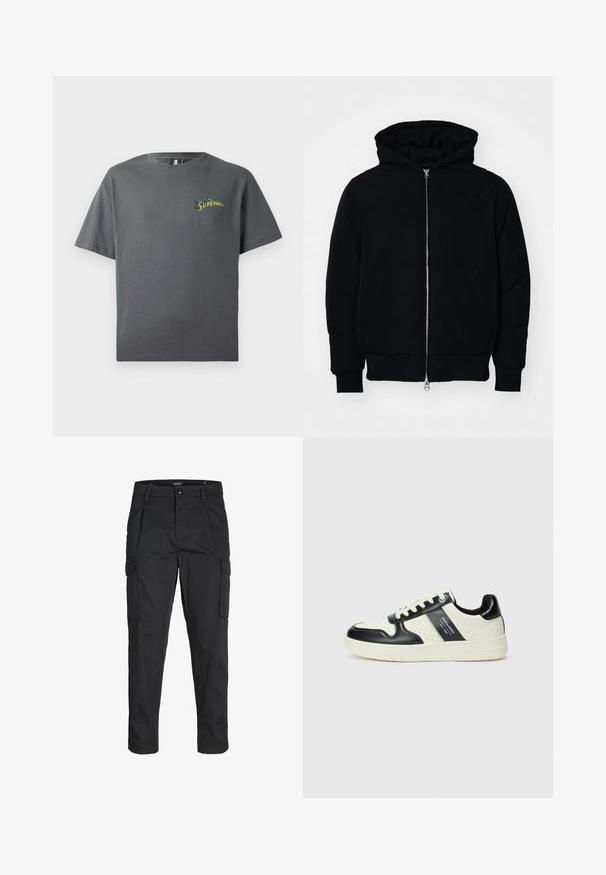 Crna kapuška jakna s prednjim zatvaračem, kenguru džepom, rebrastim manžetama i rubom, prikazana na običnoj bijeloj pozadini.; Siva pamučna majica s okruglim izrezom i kratkim rukavima. Sadrži dušegrafiku "Superman" u više boja na lijevoj strani prsiju.; Crne cargo hlače izrađene od čvrstog materijala, s brojnim džepovima, kopčanjem na gumb i dizajnom koji pomaže da se prilagode tijelu sa suženim nogavicama.; Kožne tenisice s crno-bijelom paletom boja, koje imaju perforirane akcentne detalje, podstavljeni ovratnik i teksturiranu potplat.