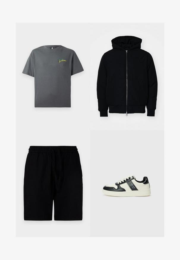 Black hooded jacket with front zipper, kangaroo pocket, ribbed cuffs, and hem, displayed on a plain white background.; Grey cotton T-shirt with a round neckline and short sleeves. Features a multicolored "Superman" graphic on the left chest area.; Black shorts made of a lightweight material, featuring an elastic waistband with a drawstring, side pockets, and a relaxed cut.; Leather sneakers with a black and cream color scheme, featuring perforated accents, a padded collar, and a textured outsole.