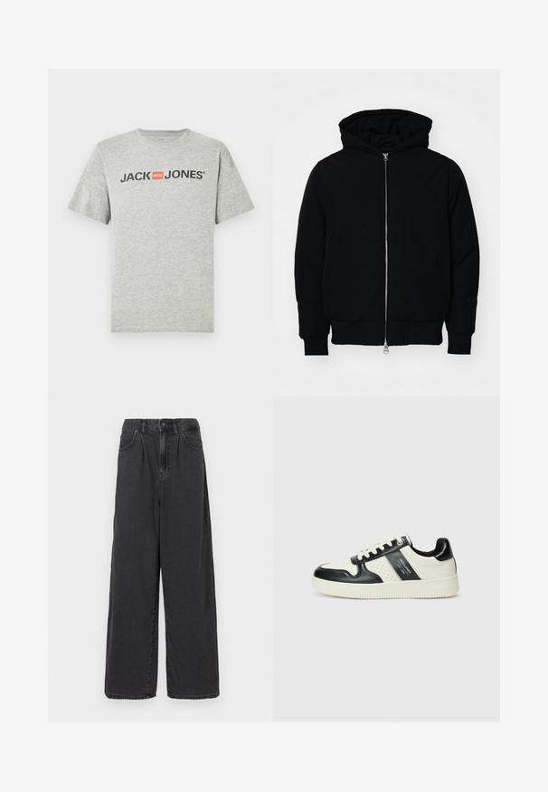 Svart huoodiejacka med framdragkedja, känguruficka, ribbade ärmslut och nederkant, uppställd mot en vit bakgrund.; Grå bomulls-T-shirt med korta ärmar och rund halsringning. Framsidan visar "JACK & JONES" i svart text med en röd fyrkantig detalj.; Breda byxor i hög midja av svart denim med knapp och dragkedja fram, utrustade med sidofickor och en slät yta.; Läder sneakers med en svart och krämfärgad färgsättning, med perforerade detaljer, en vadderad krage och en strukturerad yttersula.