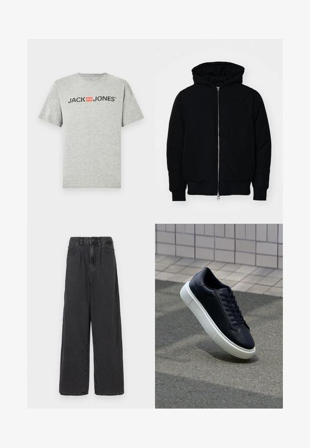 Svart hettejakke med frontglidelås, kengurulomme, ribbestrikket mansjetter og søm, vist på en ensfarget hvit bakgrunn.; Grå bomulls-T-skjorte med korte ermer og rund hals. Fronten viser "JACK & JONES" i svart tekst med en rød firkant som aksent.; Bredde ben, høy midje svarte dongeri bukser med knapp og glidelås foran, med sidelommer og en glatt tekstur.; Sorte skinnsneakers med rund tå og hvit gummisåle. Har flate lisser og minimal søm på overdelen. Strukturert såle for grep.