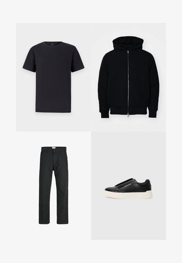 Melna kapucēta jaka ar priekšējo rāvējslēdzēju, kenguru kabatu, ribinātām aprocēm un apakšmalu, parādīta uz vienkārša balta fona.; Melna T-kreklā ar mīkstu, vieglu audumu, klasisku apaļu kakla izgriezumu un īsām piedurknēm. Vienkāršs, gluds dizains bez rakstiem vai akcentiem.; Melnas bikses no izturīga auduma, ar taisna griezuma dizainu, izšūtām akcentiem un divām priekšējām kabatām funkcionālitātei.; Melna slip-on kedu ar teksturētu ādas augšdaļu, baltu gumijas zoli un bez redzamām šņorcēm. Uz sāna ir zīmola logo.