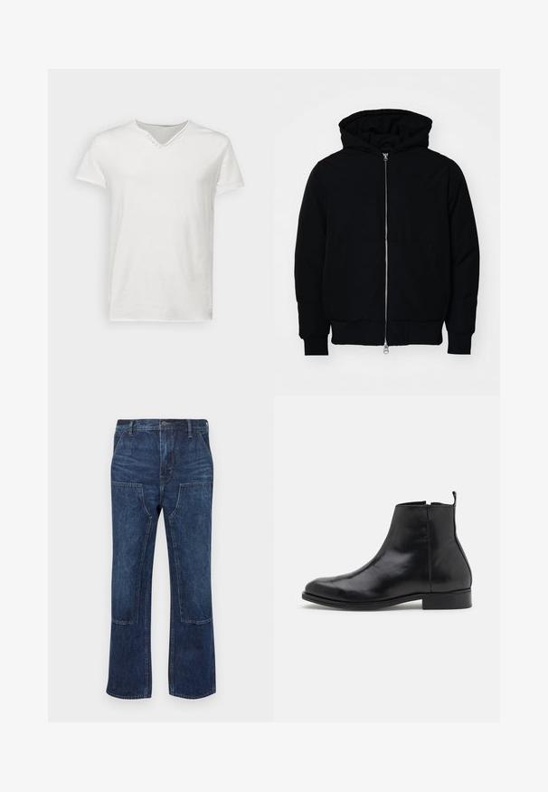 Mustat huppu-untuvatakki, jossa on vetoketju edessä, kenguru-tasku, ribatut hihansuut ja helma, esillä yksinkertaisella valkoisella taustalla.; Valkoinen lyhythihainen t-paita, joka on valmistettu pehmeästä puuvillasta. Siinä on V-mallinen kaula-aukko, jossa on koristeellinen nappidetalji kaula-aukossa. Tasainen ja miellyttävä rakenne.; Tummansiniset farkut, joissa on rento malli, leveät lahkeet ja etupuolella läpätaskut. Sileä rakenne, jossa on vain vähän ommeltuja yksityiskohtia.; Zign LEATHER - Klassiset nilkkurit - black