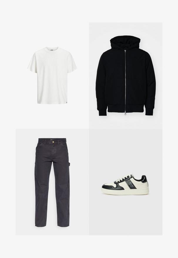 Svart hettejakke med frontglidelås, kengurulomme, ribbestrikket mansjetter og søm, vist på en ensfarget hvit bakgrunn.; Hvit bomulls t-skjorte med klassisk rund hals, korte ermer og rett kant. Kjent for sitt enkle design og myke tekstur.; Mørkegrå cargo bukser laget av slitesterkt stoff, med rett benklipp, fem lommer og knapplukking i livet.; Lædersneakers med sort og creme farveskema, der har perforerede detaljer, en polstret krave og en struktureret ydersål.
