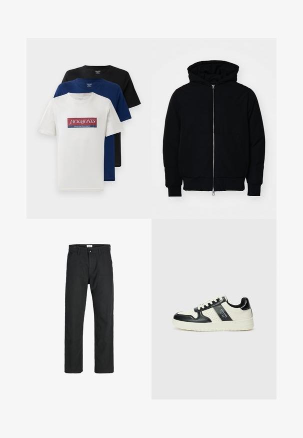 Črna kapuca jakna s sprednjim zadrgo, kenguru žepom, rebrastimi manšetami in hemom, razstavljena na enostavni beli ozadju.; Tri zgoraj nameščene kratke rokave majice s krožnim ovratnikom v beli barvi z rdečim in modrim logotipom, temno modra in črna, prikazane na beli podlagi.; Črne hlače iz trpežnega materiala, s krojem naravnih nog, našitki ter dvema sprednjima žepoma za funkcionalnost.; Usnjeni športni čevlji z črno in krem barvno shemo, ki vključujejo perforirane dodatke, podložen ovratnik in strukturirano podplat.