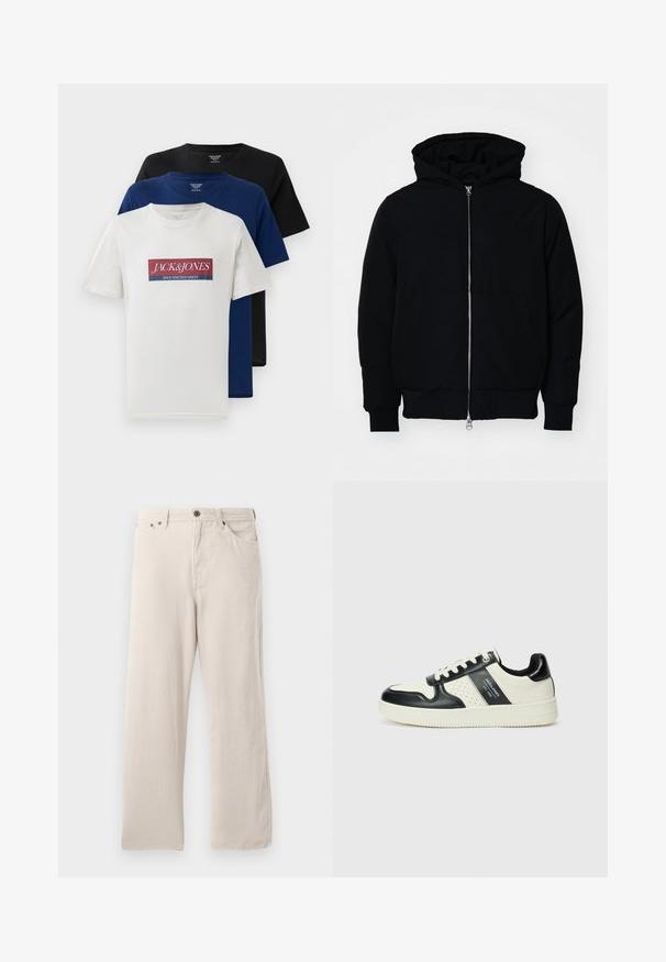 Sort hættejakke med frontlynlås, kængurulomme, ribbede manchetter og kant, præsenteret på en ensfarvet hvid baggrund.; Tre stablede kortærmede t-shirts med runde halsudskæringer i hvid med rød og blå logo, navy blå og sort, præsenteret på hvid baggrund.; Beige fløjl bukser med lige snit, der har en ribbet tekstur, fem-lomme design og knap-fly lukning.; Lædersneakers i sort og creme farveskema, med perforerede detaljer, en polstret krave og en struktureret ydersål.